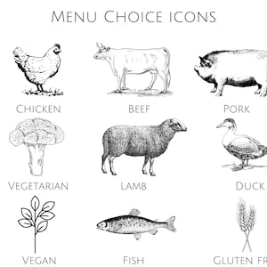 Vintage Menu Choice Icons na wesele / specjalne wydarzenie, do pobrania, kurczak, wołowina, wegetariański, wegański, bezglutenowy, wieprzowina, ryba, jagnięcina, kaczka