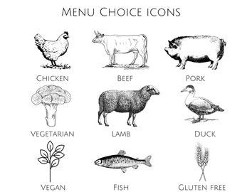 Wedding Menu Choice Icons: Chicken, Beef, Vegan (Digital Download)