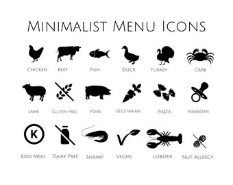 Minimalistische Menü-Wahl-Symbole für Hochzeit / besondere Anlässe - Download - Rind, Huhn, Lamm, Kindermahlzeit, Gluten Frei, Vegan, Vegetarisch, Milch