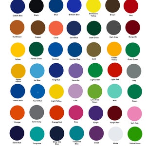 May include: A colour chart displaying 48 different vinyl colours. The colours are arranged in rows and columns, with each colour labelled with its name. The colours include black, white, red, blue, green, yellow, orange, purple, pink, brown, grey, and many more.
