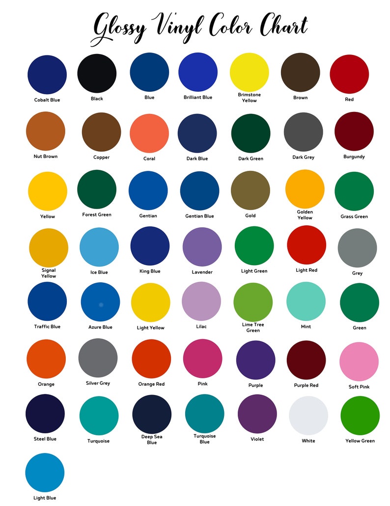May include: A colour chart displaying 48 different vinyl colours. The colours are arranged in rows and columns, with each colour labelled with its name. The colours include black, white, red, blue, green, yellow, orange, purple, pink, brown, grey, and many more.