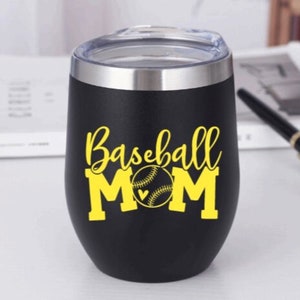May include: Black stainless steel tumbler with a yellow baseball and the text "Baseball Mom" on it.