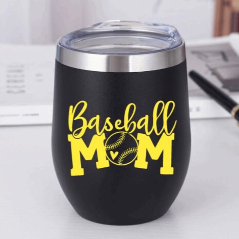 May include: Black stainless steel tumbler with a yellow baseball and the text "Baseball Mom" on it.