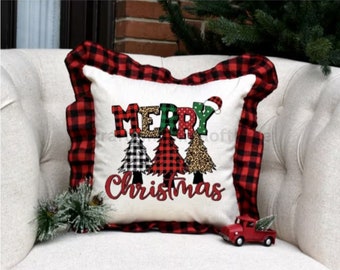Merry Christmas Pillow Cover, Rustic Farmhouse Decor, Holiday Throw Pillow