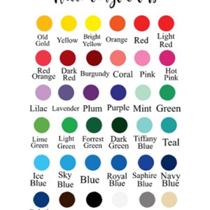 May include: A chart of matte vinyl colours with names for each colour. The colours are arranged in rows and columns, starting with Old Gold, Yellow, Bright Yellow, Orange, Red, Light Red, Red Orange, Dark Red, Burgundy, Coral, Pink, Hot Pink, Lilac, Lavender, Plum, Purple, Mint, Green, Lime Green, Light Green, Forrest Green, Dark Green, Tiffany Blue, Teal, Ice Blue, Sky Blue, Blue, Royal Blue, Sapphire Blue, Navy Blue, Cobalt Blue, Brown, Black, White, Grey, and Beige.