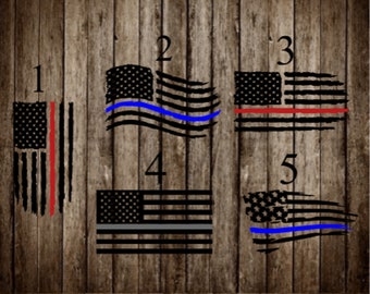 May include: Five different distressed American flag designs with thin red, blue, or grey stripes across the middle. The flags are numbered 1 through 5.