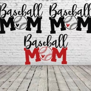 May include: Three black and red vinyl decals with the text "Baseball Mom" and a baseball graphic. The baseball graphic has red stitching and a red heart in the centre.