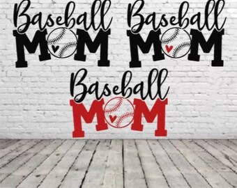 May include: Three black and red vinyl decals with the text "Baseball Mom" and a baseball graphic. The baseball graphic has red stitching and a red heart in the center.