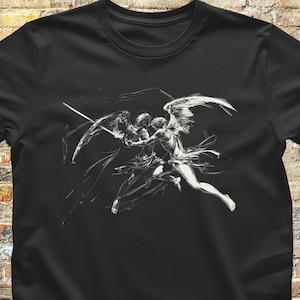 May include: Black t-shirt with a white graphic print of two angels fighting with a sword.