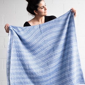 May include: A blue and white patterned throw blanket with a fringe border. The blanket is made of a soft, woven fabric.