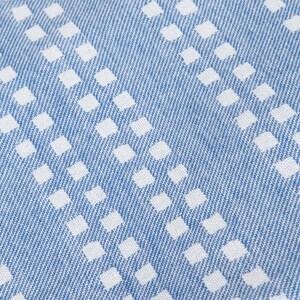 May include: Blue and white checkered fabric with a woven pattern. The fabric has a subtle texture and a light blue color.