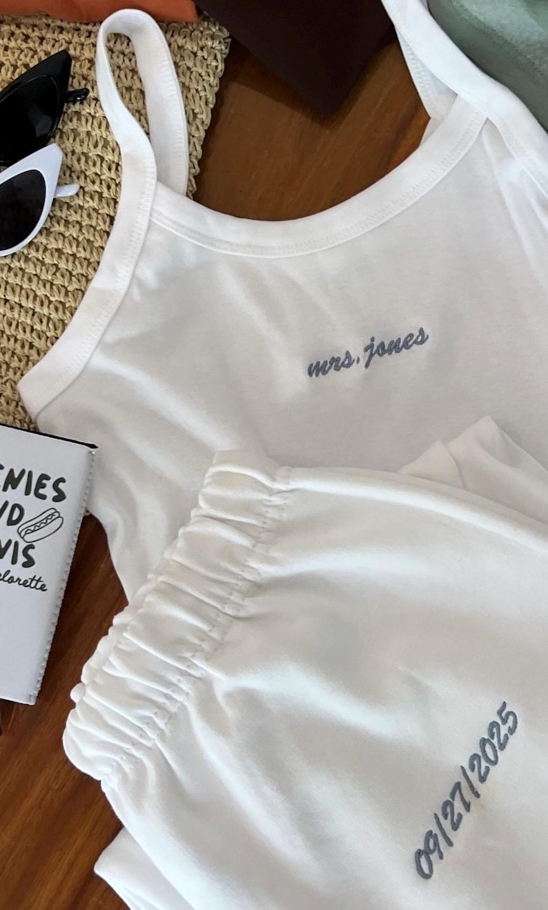 Custom Bride Set – Embroidered Mrs. Tank & Shorts, Bridal Party PJs, Wedding Morning Outfit, Bachelorette Sleepwear