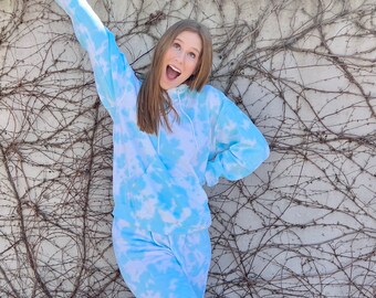 Sky Blue Tie Dye Sweatsuit Matching Set Lounge Pajama Crewneck Joggers Hand-Dyed Comfortable Loungewear Women's Casual Outfit