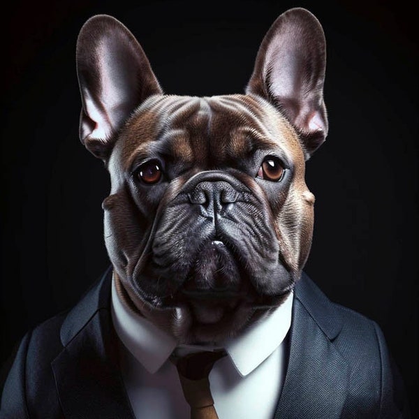 Dapper well dressed French bulldog clothed in a business suit and tie, clothed animal portrait, french bulldog digital downloadable wall art
