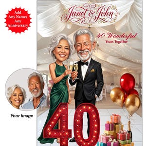 Personalised 40th Wedding Anniversary Card, Couple Caricature from Photo, Ruby Anniversary Custom Cartoon Print, Personalized 40th Wedding