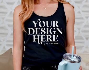 Next Level 1533 black tanktop Mock up Modeled Racerback tank mockup styled Ideal Racer Mockup Printify Print-on-demand product showcase