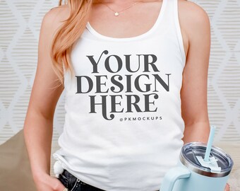Next Level 1533 white tank Mock up Modeled Racerback tank mockup styled Ideal Racer Tank Mockup Printify Print-on-demand product showcase