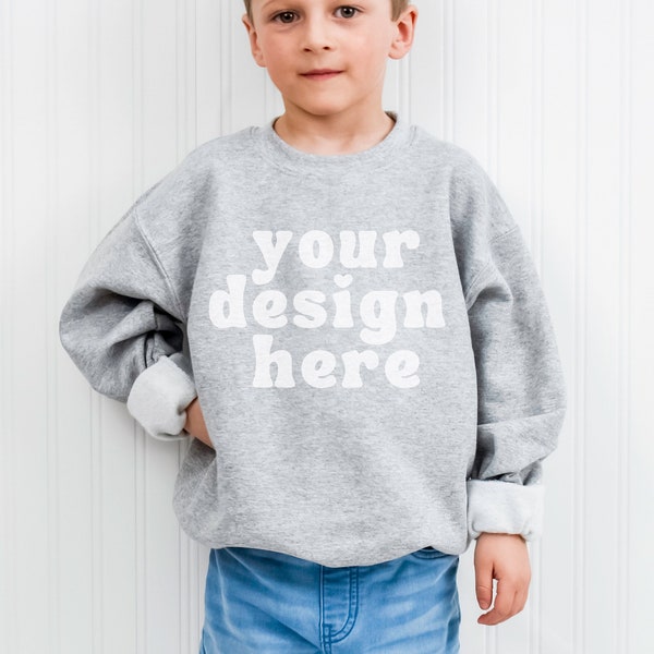 Gildan 18000B Child sweater mock up, G18000B Sport Grey Youth crewneck mockup, Boy model children's sweatshirt mock, minimal kids crew neck