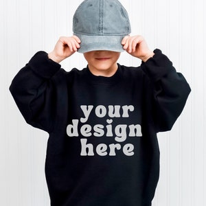 Gildan 18000B Youth sweater mock up, G18000B kids crewneck mockup, Boy model children&#39;s sweatshirt mock, minimal child crew neck POD mocks