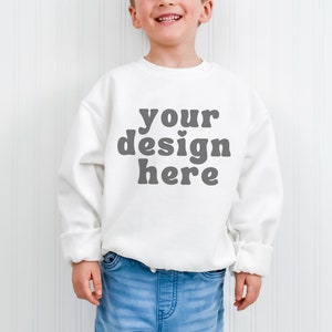 White Gildan 18000B Child sweater mock up, G18000B Youth crewneck mockup, Boy model children&#39;s sweatshirt mock, minimal kids crew neck POD