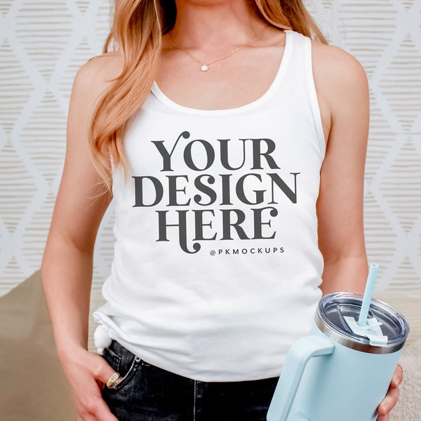 Next Level 1533 white tank Mock up Modeled Racerback tank mockup styled Ideal Racer Tank Mockup Printify Print-on-demand product showcase