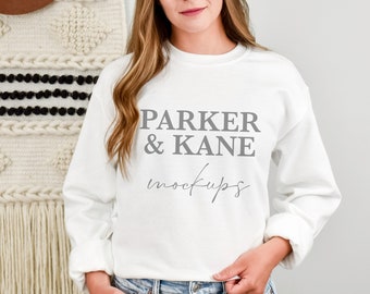 Gildan 18000 Mockup White Sweater mock up G180 Boho aesthetic mockups Fall Sweatshirt simple mock-up Printify mocks POD mockups printful