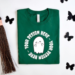 Bella Canvas 3001 Mockup in Evergreen, Halloween Folded Flat lay Tee Mock-up, Cute Fall flatlay mock, Print on demand mocks Printful mock up