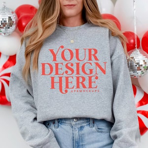 Gildan 18000 Christmas Mock up Sport Grey Sweatshirt G180 holiday aesthetic crewneck mockup sweater party mock-up Xmas Print on demand mocks