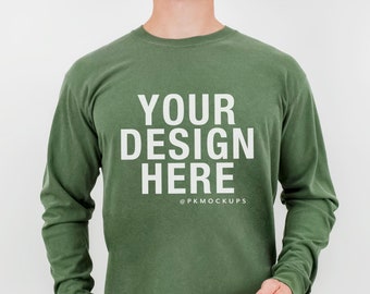Heren Comfort Colors 6014 hennep mock-up C6014 T-shirt met lange mouwen heren mockup herenshirt mock Dad T-shirt mock-up minimale witte achtergrond