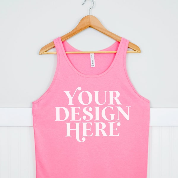 Bella Canvas 3480 mock up Neon Pink, Front and back of tank top, sleeveless mockup, Hanging muscle shirt Mock-up, Print on demand mocks