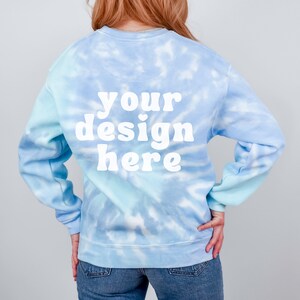 Back of Colortone 8100 Lagoon mockup, Model Mock up, Tie Dye Sweatshirt Mockups, tie-dyed Spring Sweater mock ups, Summer modelled Crewneck