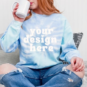 Colortone 8100 Lagoon mockup, Model Mock up, Tie Dye Sweatshirt Mockups, Minimal tie-dyed Spring Sweater mock ups, Summer modelled Crewneck