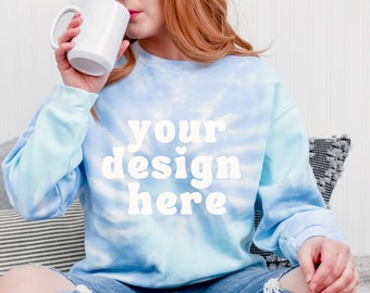 Colortone 8100 Lagoon mockup, Model Mock up, Tie Dye Sweatshirt Mockups, Minimal tie-dyed Spring Sweater mock ups, Summer modelled Crewneck