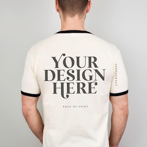 Mens Next Level 3604 mockup Man Back of shirt Ringer tee natural black mock up NL3604 Unisex cotton ringer t-shirt mock-up male modeled mock