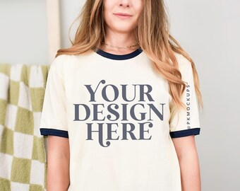 Next Level 3604 mockup Ringer tee natural and navy mock up NL3604 Unisex cotton ringer t-shirt printify mock-up simple modeled trending mock