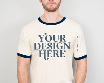 Next Level 3604 mockup Ringer tee Natural and navy mock up NL3604 Unisex cotton ringer t-shirt mock-up simple male modeled fathers day mock