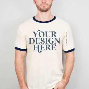 Next Level 3604 mockup Ringer tee Natural and navy mock up NL3604 Unisex cotton ringer t-shirt mock-up simple male modeled fathers day mock