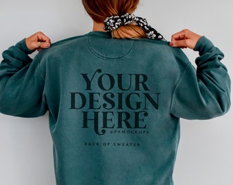 Comfort Colors 1566 Mockup in Blue Spruce Backside C1566 Model Mock up, real person modelled sweater mockups Retro back of sweatshirt mocks