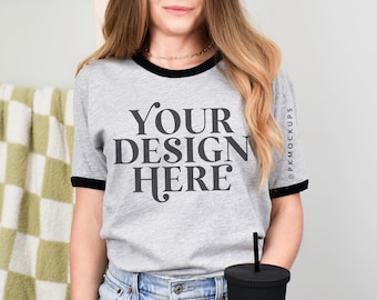 Next Level 3604 mockup Ringer tee heather grey black mock up NL3604 Unisex cotton ringer t-shirt printify mock-up simple modeled styled mock