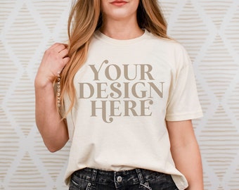 Comfort Colors 3023CL ivory boxy tee mockup 3023 CL Mock up spring real person modeled tee mockups Bright mock summer aesthetic background