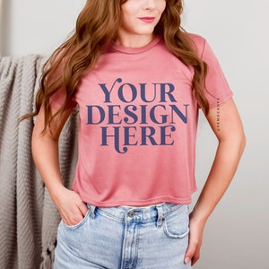Bella Canvas 8882 flowy cropped tee mockup in Mauve, BC8882 crop top mock up, woman model crop shirt, minimal mockup, BC 8882 simple mockup