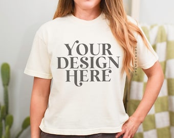 Comfort Colors 3023CL boxy tee mockup ivory 3023 CL Mock up spring modeled tee mockups Bright and airy mock desert aesthetic checkerboard bg