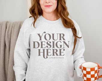 Gildan 18000 Sweatshirt Mockup in Ash, Sweater mock up, Oversized mockups, Winter Sweatshirt mockup, simple mock-up, Printify mockups