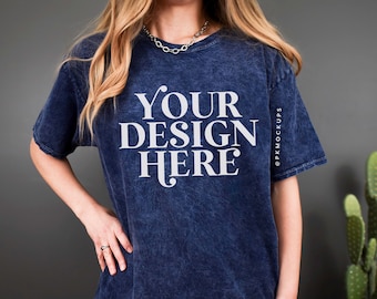 Navy Mineral Wash T-Shirt Mockup: Oversized Tee Model (JPG File)