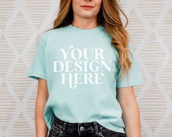 Comfort Colors 3023CL Chalky Mint boxy tee mockup 3023 CL Mock up spring modeled cropped mockups trendy mock summer aesthetic svg mockups