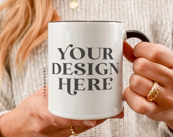 Ceramic two tone mug mock up Black Handle White Mug 11 ounce cozy coffee cup mock blank mug mock up SVG mug mock ups 11 oz mockups white