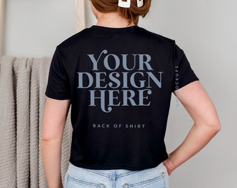 Bella Canvas 8882 Backside czarny luźny krótki t-shirt makieta biały BC8882 krótki top makieta tył koszulki makieta kobiece estetyczne makiety