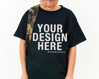 Gildan 5000B Kids mockup tee in black boys back to school mock up G5000B t-shirt Youth mockup Boy model shirt mock-up childrens shirt mockup