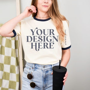 Next Level 3604 mockup Ringer tee natural and navy mock up NL3604 Unisex cotton ringer t-shirt printify mock-up simple modeled styled mockup