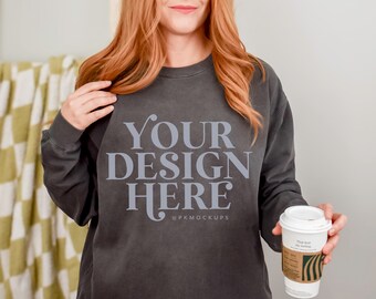 Comfort Colors 1566 Mockup Pepper, C1566 model Mock up, lifestyle sweater mockups, Retro sweatshirt mock, Boho mock-up, coffee lover mock